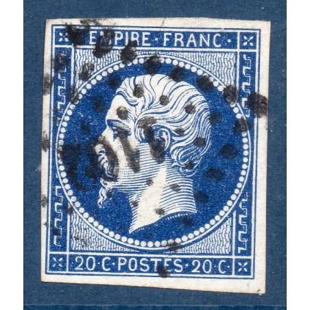 Timbre France Yvert No 14Ab Type I Empire 20c Bleu noir Oblitéré Petits chiffres