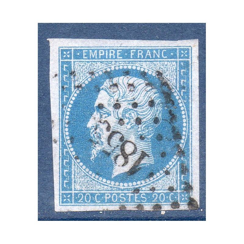 Timbre France Yvert No 14Ac Type I Empire 20c Bleu sur azuré Oblitéré Petits chiffres