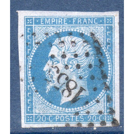 Timbre France Yvert No 14Ac Type I Empire 20c Bleu sur azuré Oblitéré Petits chiffres