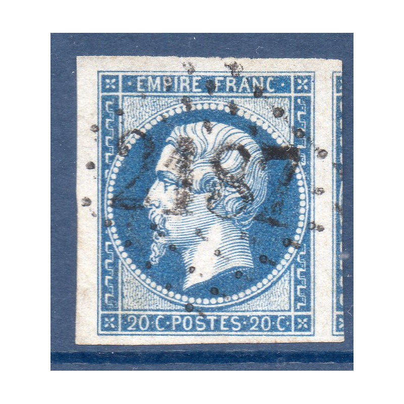 Timbre France Yvert No 14B Type II Empire 20c Bleu Oblitéré Gros chiffres