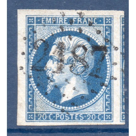 Timbre France Yvert No 14B Type II Empire 20c Bleu Oblitéré Gros chiffres