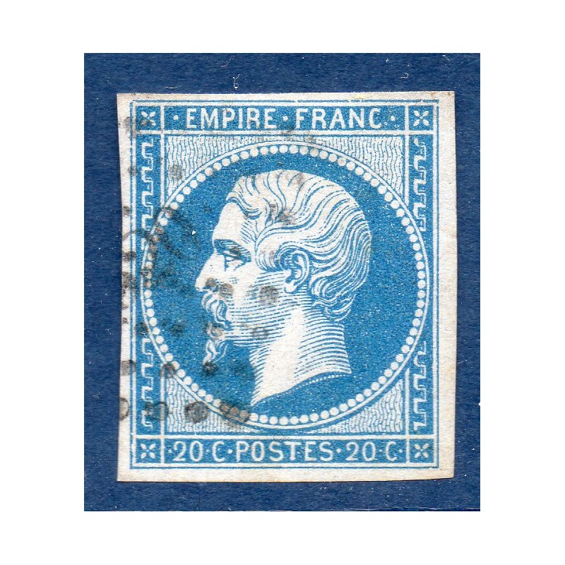 Timbre France Yvert No 14B Type II Empire 20c Bleu Oblitéré petits chiffres