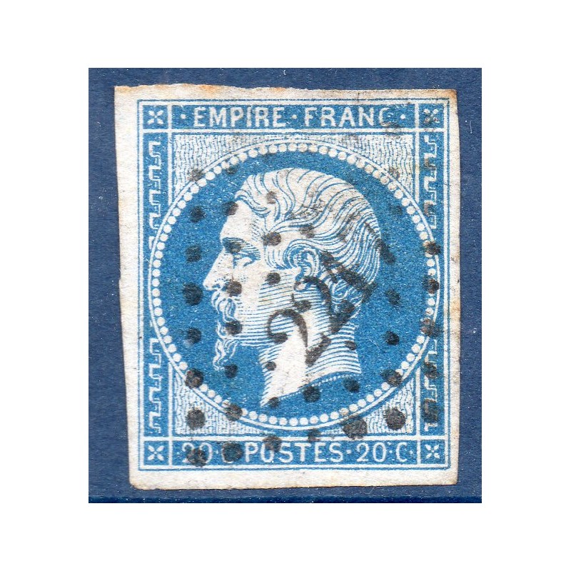 Timbre France Yvert No 14B Type II Empire 20c Bleu Oblitéré petits chiffres