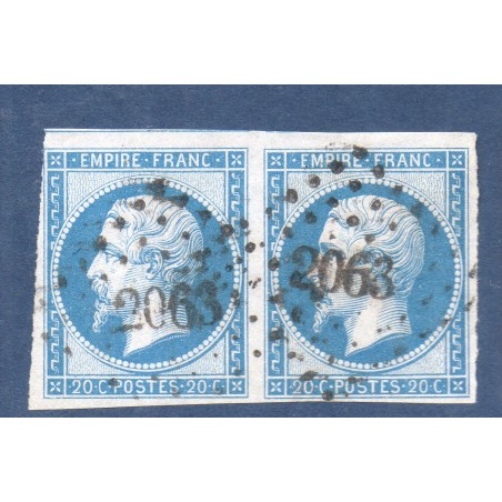 Timbre France Yvert Paire No 14B Type II Empire 20c Bleu Oblitéré petits chiffres