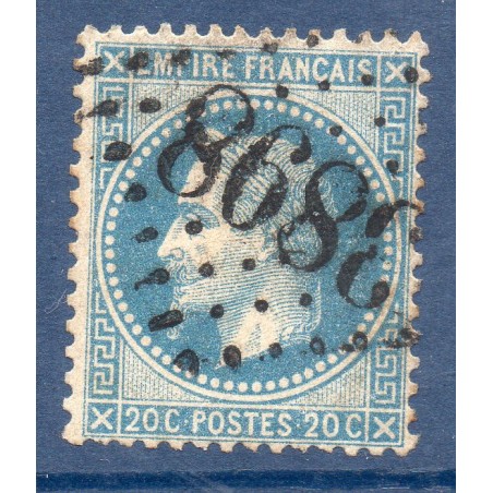 Timbre France Yvert No 29A Empire Lauré 20c bleu Oblitéré gros chiffres