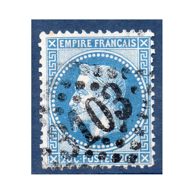 Timbre France Yvert No 29Aa Empire Lauré 20c bleu foncé Oblitéré gros chiffres