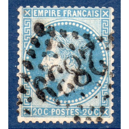 Timbre France Yvert No 29Ba Empire Lauré 20c bleu foncé Oblitéré gros chiffres