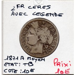 2 Francs Cérès 1870 Avec légende Grand A TB, France pièce de monnaie
