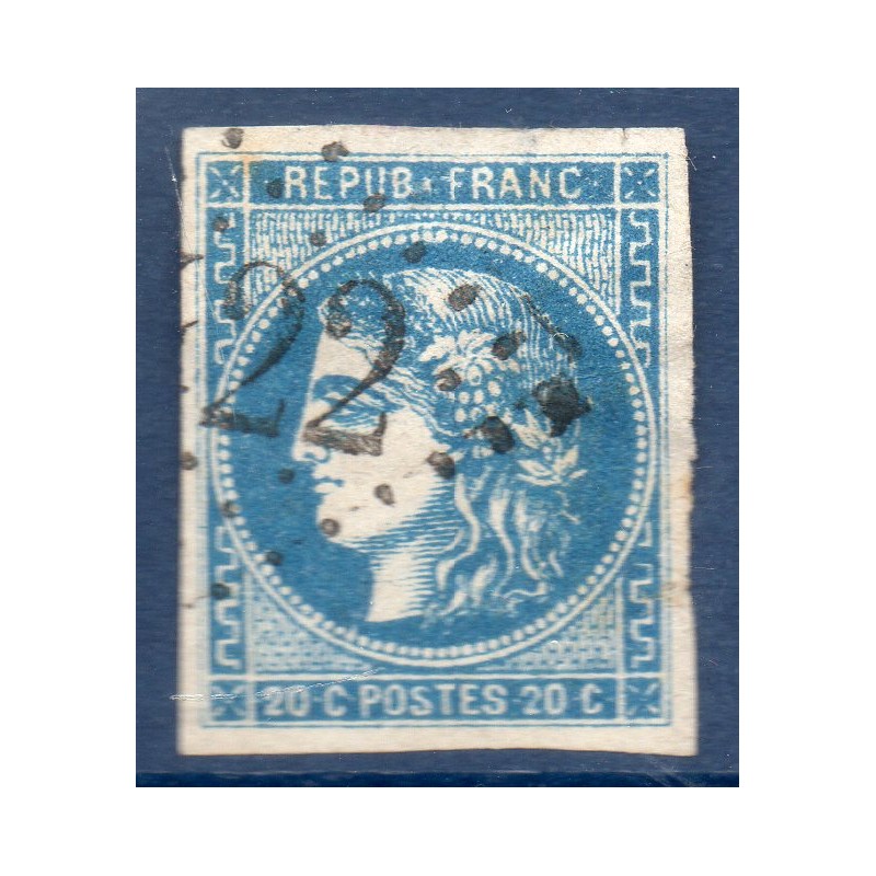 Timbre France Yvert No 46A Émission de Bordeaux 20c bleu Oblitéré gros chiffres