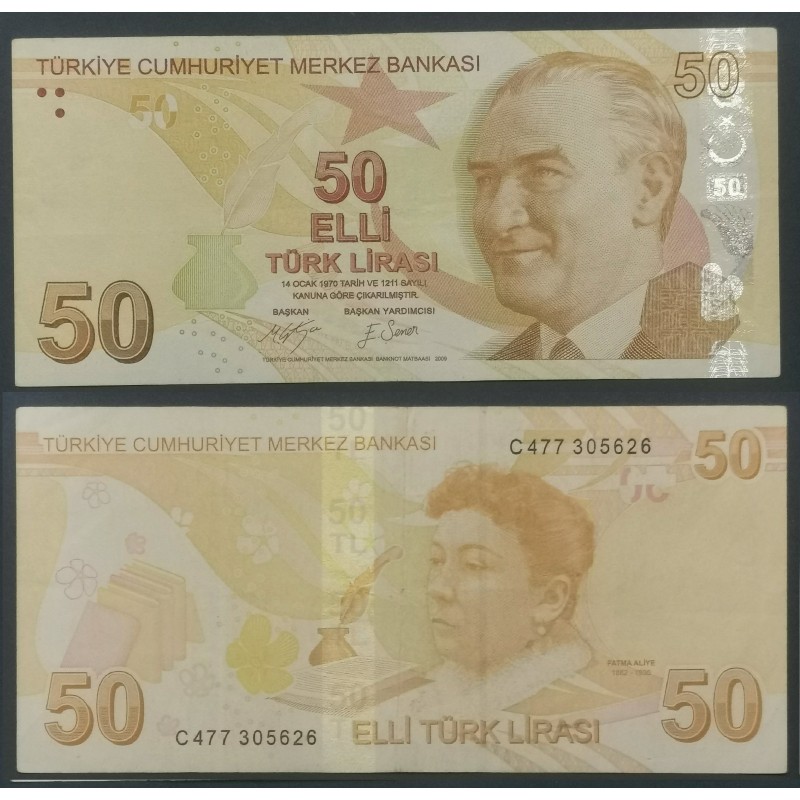 Turquie P.225c, TTB Billet de 50 Lira 2009 Fatma Aliye