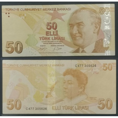 Turquie P.225c, TTB Billet de 50 Lira 2009 Fatma Aliye