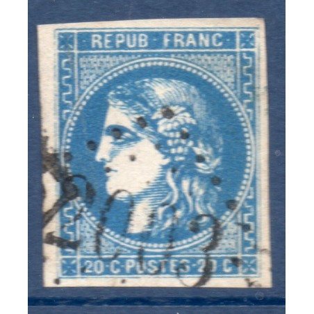 Timbre France Yvert No 46Ba Émission de Bordeaux 20c bleu foncé Oblitéré gros chiffres