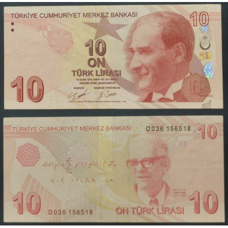 Turquie P.223d, TTB Billet de 10 Lira 2009 Cahit Arf