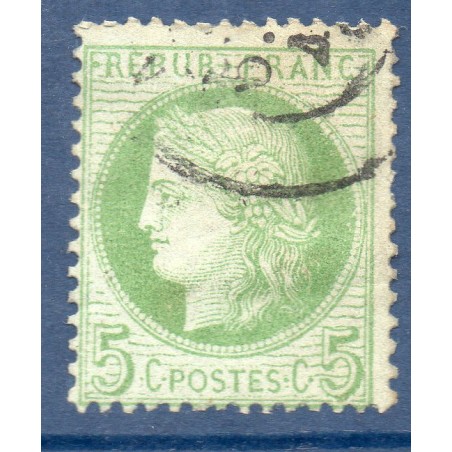 Timbre France Yvert No 53 Type Cérès 5c vert-jaune s. azuré Oblitéré CaD type 17