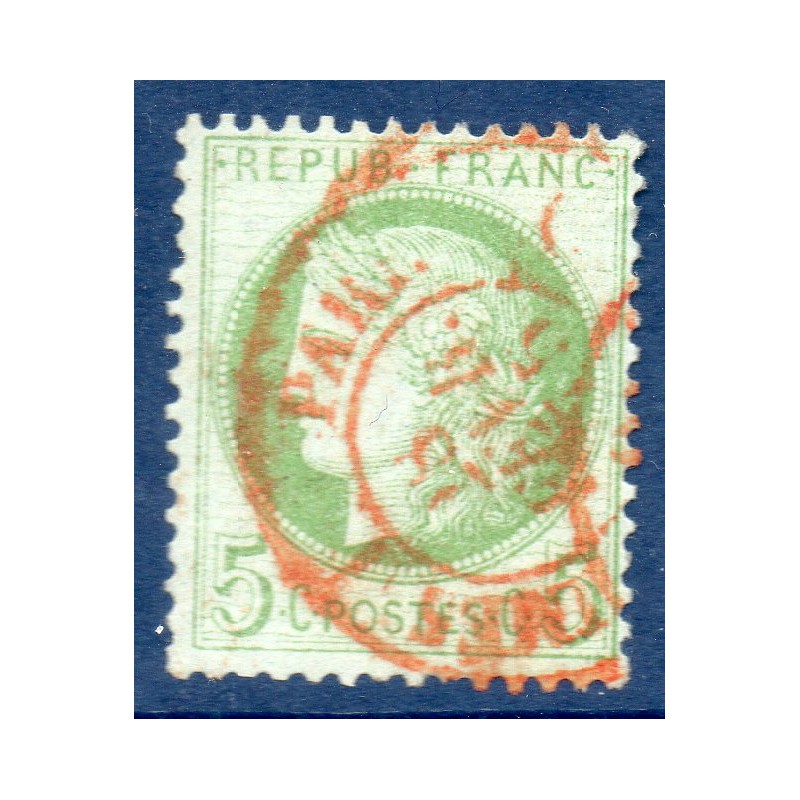 Timbre France Yvert No 53 Type Cérès 5c vert-jaune s. azuré Oblitéré CaD rouge des imprimés