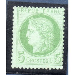 Timbre France Yvert No 53 Type Cérès 5c vert-jaune s. azuré Neuf * trace de charnière