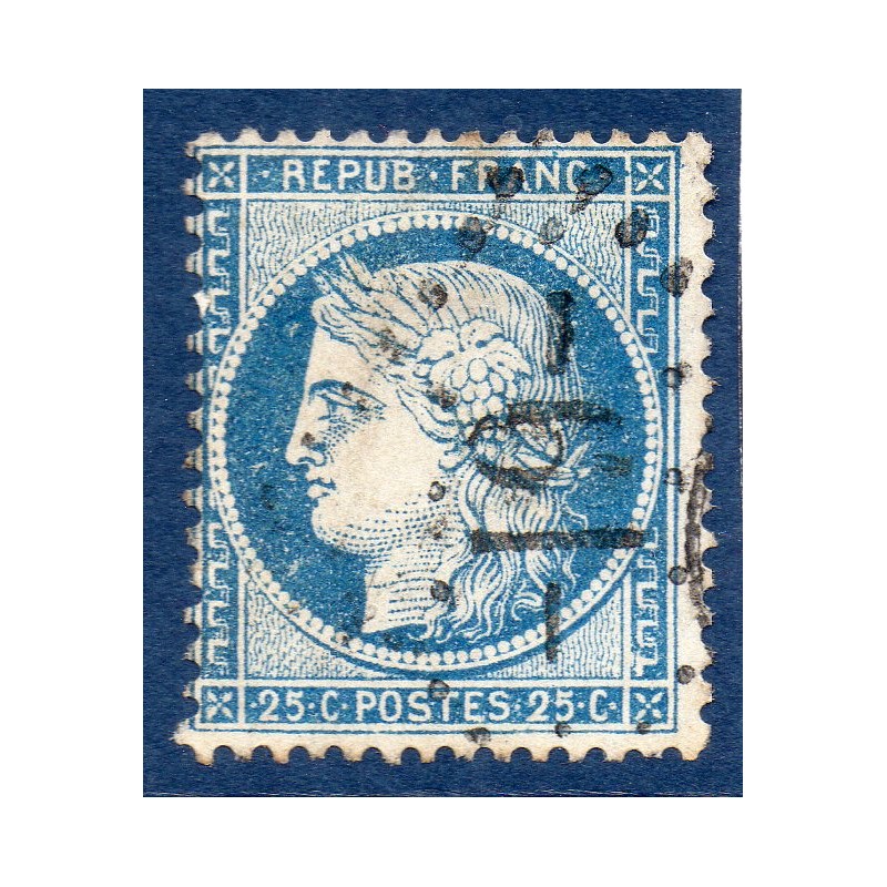 Timbre France Yvert No 60B Type Cérès 25c bleu Oblitéré gros chiffres