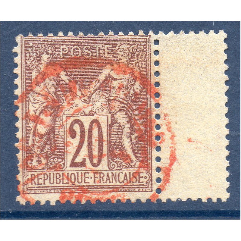 Timbre France Yvert No 67 Type I Sage 20c brun-lilas Oblitéré CaD rouge des imprimés