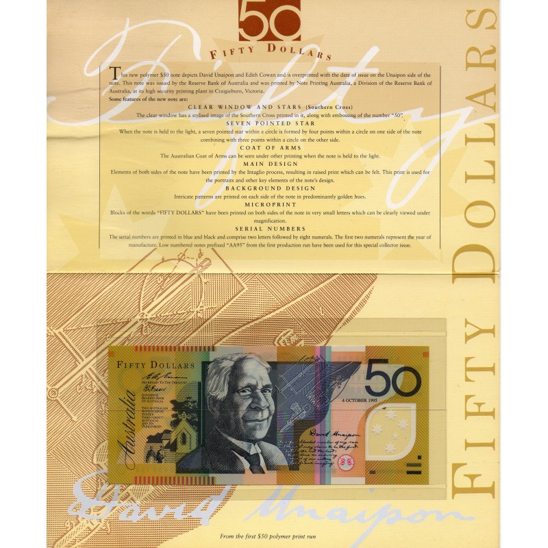 Australie P.54x, Folder neuf Billet de 50 Dollars 1995 David Unaipon