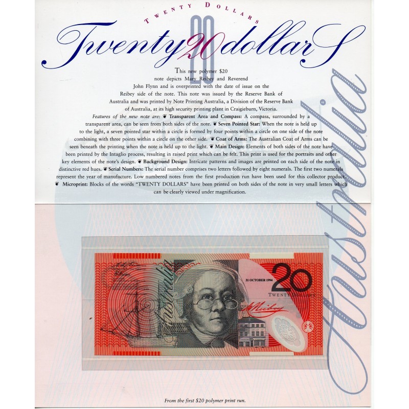 Australie P.53x, Folder neuf Billet de 20 Dollars 1994 John Flynn