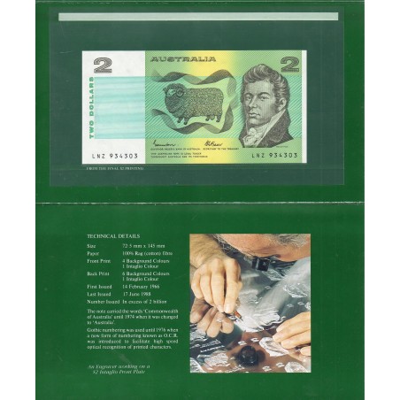 Australie P.43e, Folder Neuf Billet de 2 Dollars 1985 McArthur