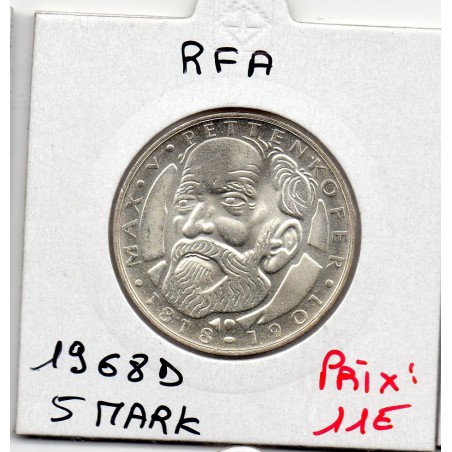 Allemagne RFA 5 deutsche mark 1968 D, Spl KM 123 Max Pettenkofer pièce de monnaie