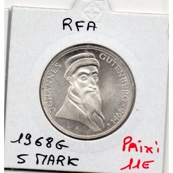 Allemagne RFA 5 deutsche mark 1968 G, Spl KM 122 Johannes Gutenberg  pièce de monnaie