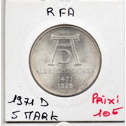 Allemagne RFA 5 deutsche mark 1971 D, Sup KM 129 Albrecht Durer pièce de monnaie