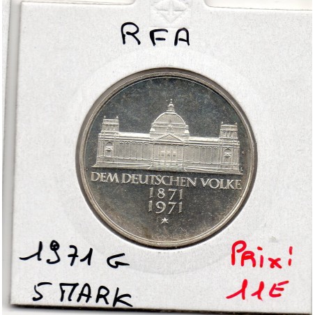 Allemagne RFA 5 deutsche mark 1971 G, Spl KM 128 2eme reich pièce de monnaie