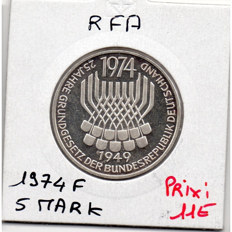 Allemagne RFA 5 deutsche mark 1974 F, Spl KM 138 Constitution pièce de monnaie