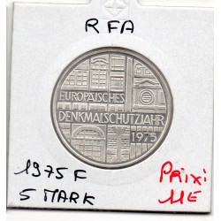 Allemagne RFA 5 deutsche mark 1975 F, Spl KM 142 Monuments Historiques pièce de monnaie