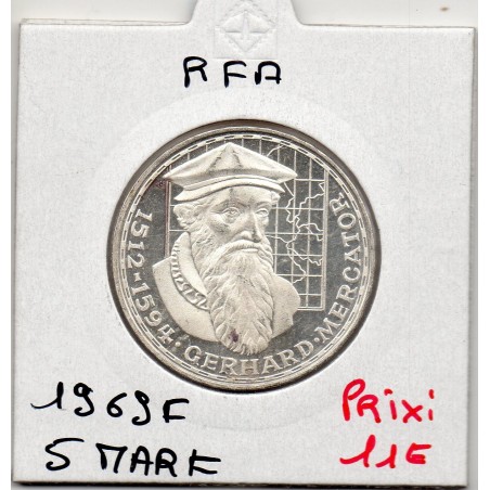 Allemagne RFA 5 deutche mark 1969 F, Spl KM 126.1 Gerhard Mercator pièce de monnaie