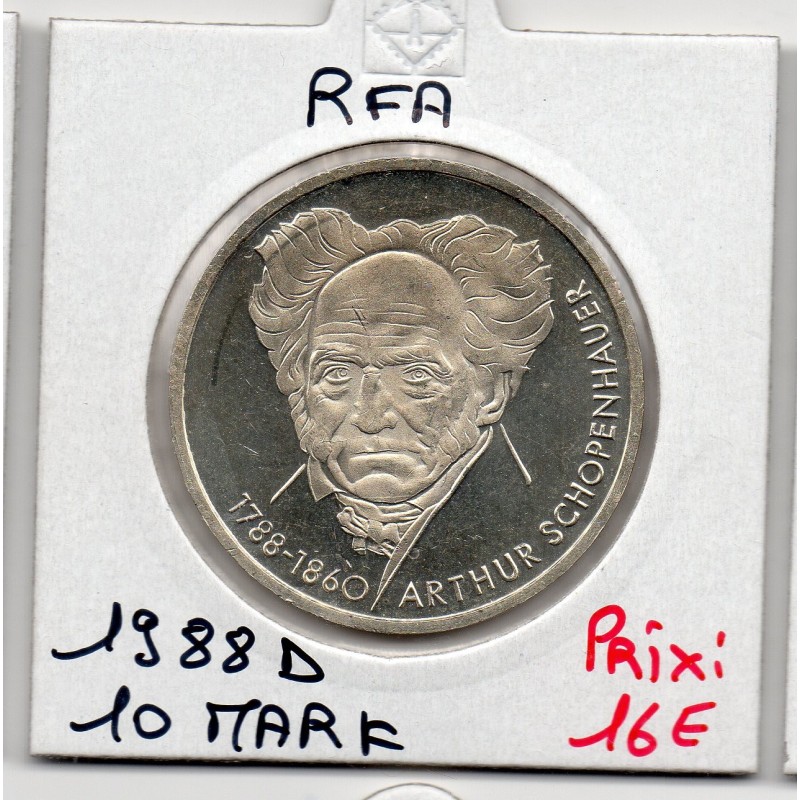 Allemagne RFA 10 deutche mark 1988 D, Spl KM 168 Arthur Schopenhauer pièce de monnaie