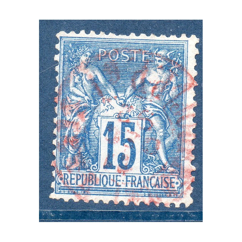 Timbre France Yvert No 90 Type II Sage 15c bleu Oblitéré CaD rouge des imprimés