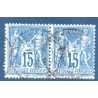 Timbre France Yvert Paire No 90a Type II Sage 15c bleu sur bleu Oblitéré