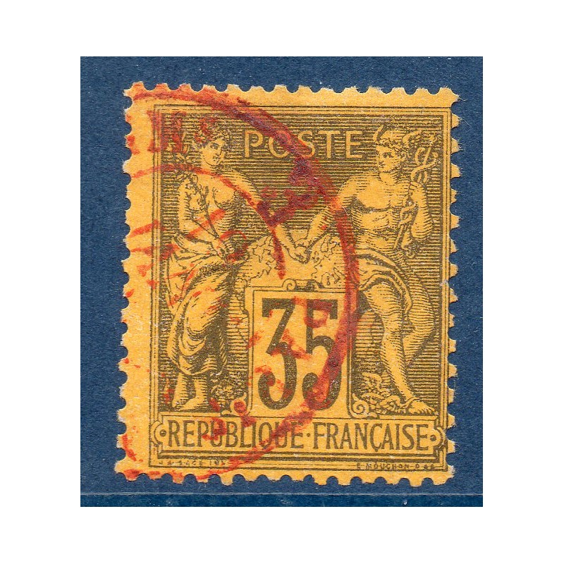 Timbre France Yvert No 93 Type II Sage 35c violet-noir s. jaune Oblitéré CaD rouge des imprimés