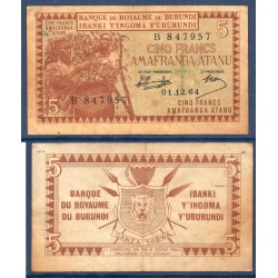Burundi Pick N°8a, TB Billet de banque de 5 Francs 1964