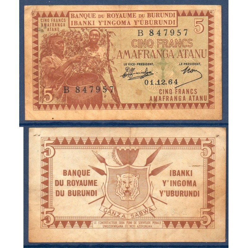 Burundi Pick N°8a, TB Billet de banque de 5 Francs 1964