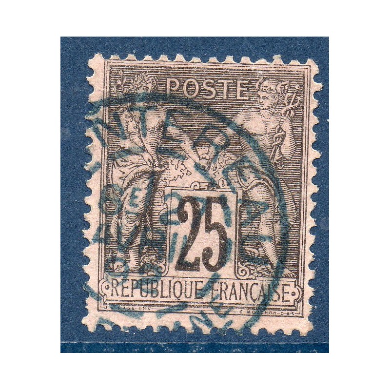 Timbre France Yvert No 97 Type II Sage 25c noir s. rose Oblitéré CaD bleu