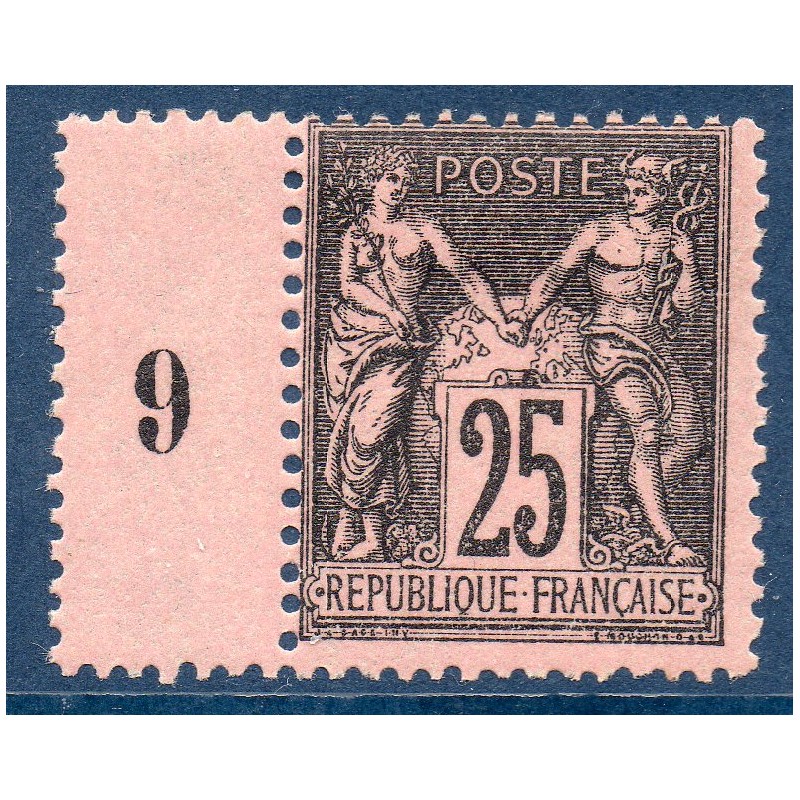 Timbre France Yvert No 97 Type II Sage 25c noir s. rose Neuf * sur charnière