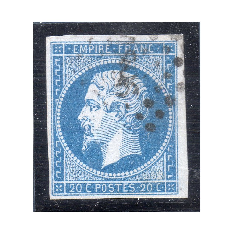 Timbre France Yvert No 14Ac Type I Empire 20c Bleu sur azuré Oblitéré Petits chiffres