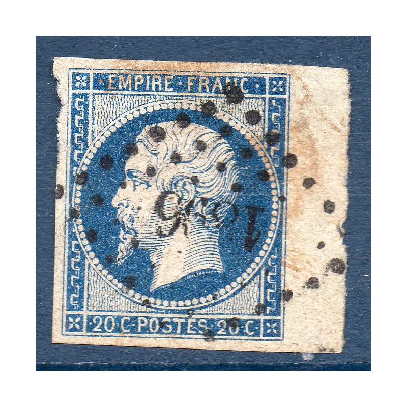 Timbre France Yvert No 14Ba Type II Empire 20c Bleu s. vert Oblitéré petits chiffres