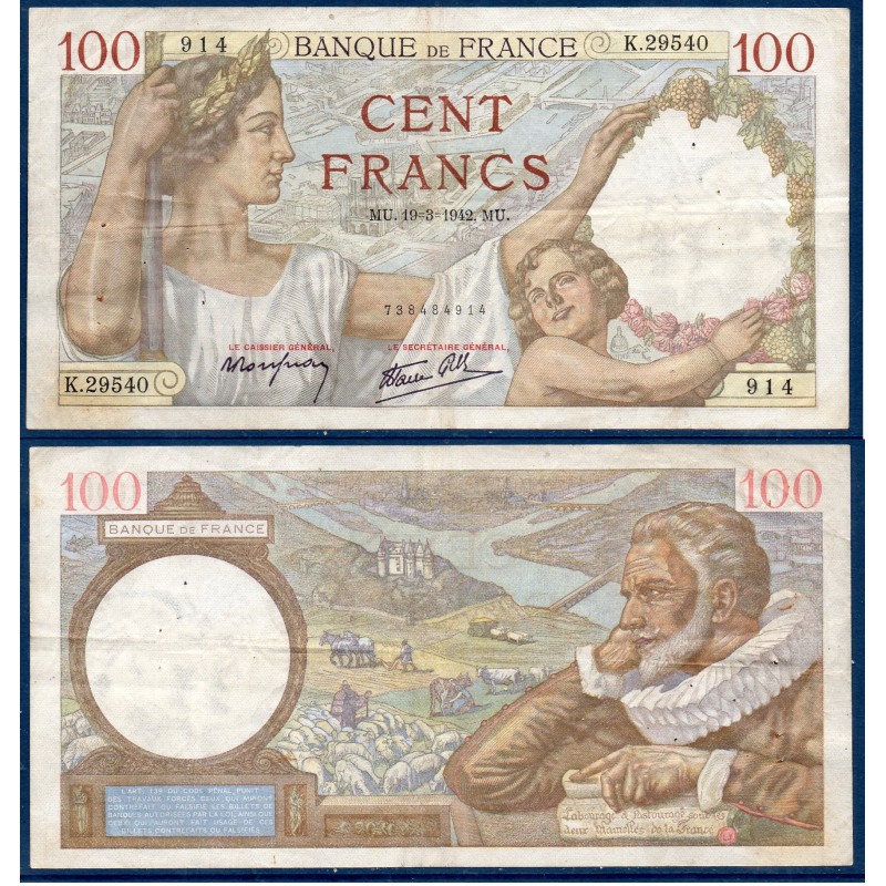 100 Francs Sully TB+ 19.3.1942 Billet de la banque de France