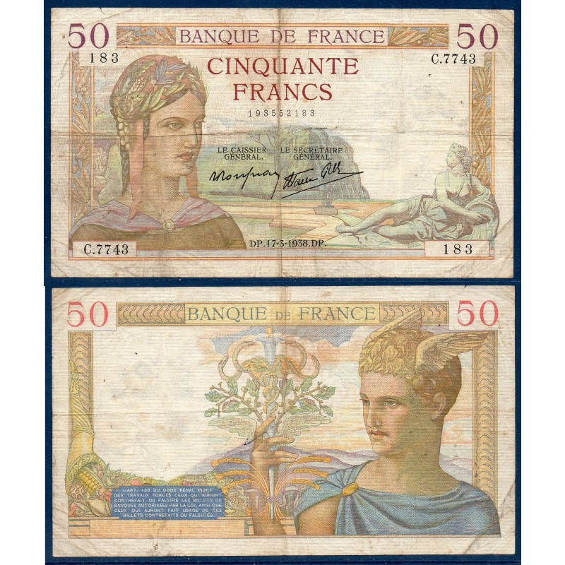 50 Francs Cérès B 17.3.1938 Billet de la banque de France