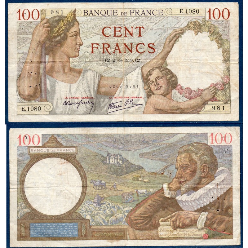 100 Francs Sully TB- 21.9.1939 Billet de la banque de France