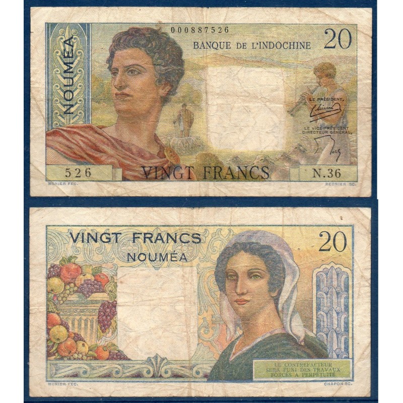 Nouvelle Calédonie Pick N°50b, TB- Billet de banque de 20 Francs 1951-1963