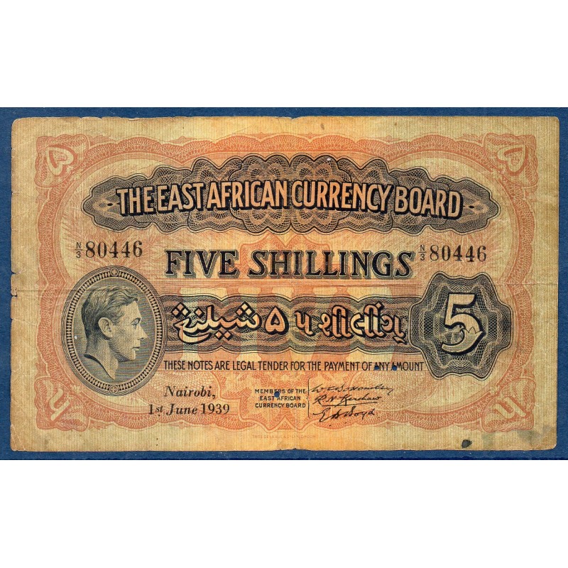 Afrique Est Britannique P.26Aa, Billet de 5 Shillings 1939 Lion