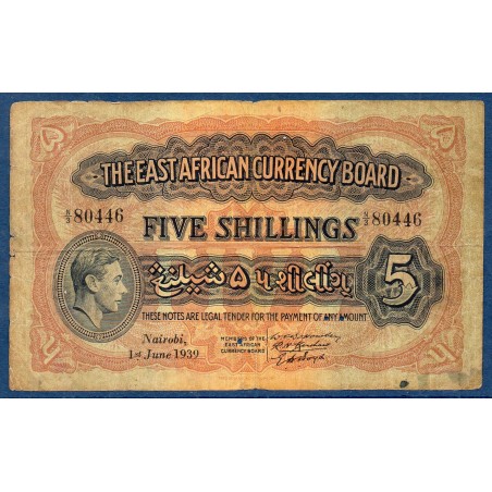 Afrique Est Britannique P.26Aa, Billet de 5 Shillings 1939 Lion