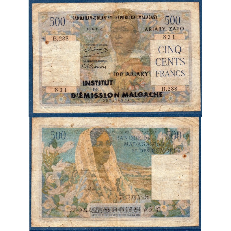 Madagascar Pick N°53, B Billet de banque de 500 francs ou 100 ariary 18.6.1951 19611951