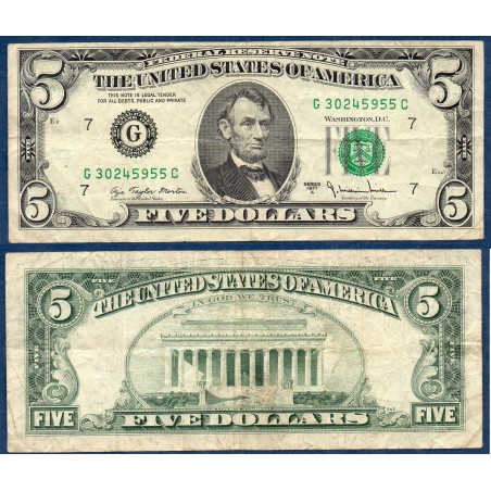 Etats Unis Pick N°463b, TB Chicago Billet de banque de 5 Dollars 1977A Série G